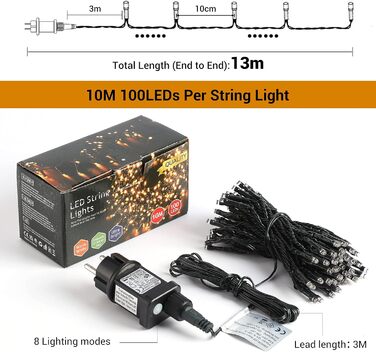 Гірлянда світлодіодна зовнішня 100 метрів, 1000 LED, теплий білий колір, для декору на Різдво, водонепроникна IP44, 8 режимів, для дому, вечірки, ялинки, балкону, тераси