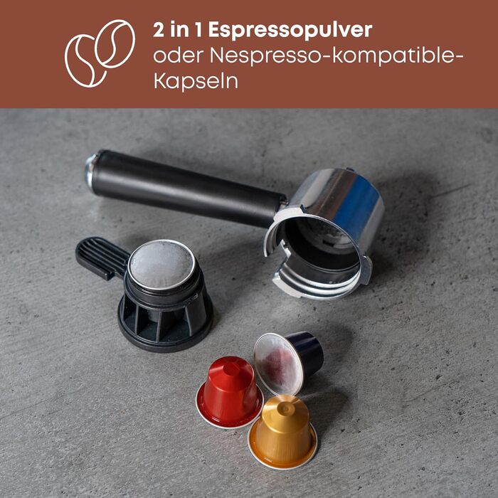 Кавоварка еспресо ProfiCook 2в1 для меленої кави і капсул Nespresso, 20 бар, з молочним резервуаром, еспресо-машина з нержавіючої сталі, PC-ES 1266, модель 2024