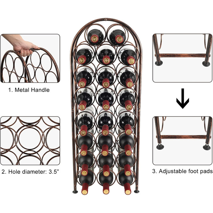 PAG Wine Rack Metal 23 Bottles Freestanding Floor Bottle Rack, Decorative Bottle Holder Stand for Kitchen/Floor/Bar, Antique Brown