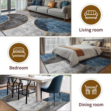 Килимок для вітальні Sour Lemon, великий 160x230 см, машинного прання, бохо-стиль, вінтажний, з антиковзаючою основою, блакитний геометричний дизайн