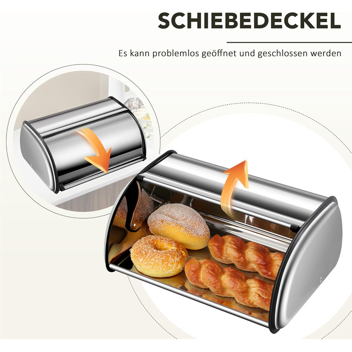 Рибалка Brotkasten з нержавіючої сталі, харчової якості, з кришкою-роллером, 43,5 x 27,5 x 18,5 см, контейнер для хліба, булочок, печива