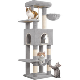 Двоповерховий комплекс для котів з 5 стовпчиками для шліфування, платформами, будиночком, помпонами, сірий (149см)