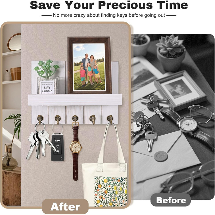 Дерев'яне ключниця з полицею, 5 гачків, для прихожей, вітальні, спальні, світло-білий колір