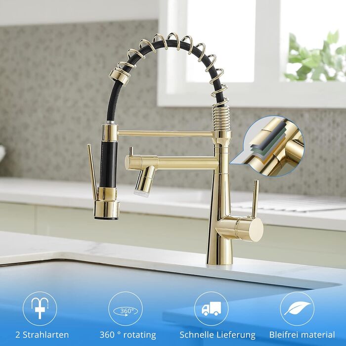Змішувач кухонний LED Chrome з висувною лійкою, 360° поворот, 2 виходи, високий тиск (золотий)