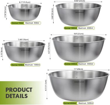 Набір салатниць та мисок Greentainer з нержавіючої сталі, 5 шт. (0,8л - 5,2л)