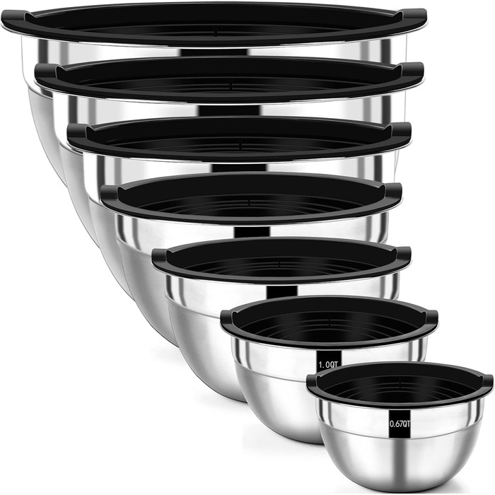 Wildone Mixing Bowl Set, 7-Piece Stainless Steel Bowl Set with Airtight Lids, Stackable, Dishwasher Safe, Sizes 5, 3.5, 2.5, 2, 1.5, 1, 0.67 QT, ideal for mixing and serving