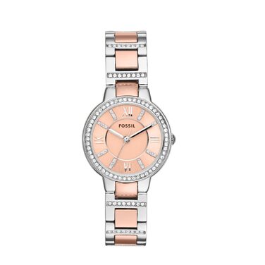 Жіночий годинник Fossil Virginia: кварцовий механізм, сталевий браслет у срібляному та рожевому золотому кольорах з глітером