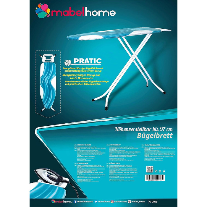 Прасувальна дошка Mabel Home Deluxe з регулюванням висоти, 4-ніжка, з додатковим чохлом, синьо-білий візерунок