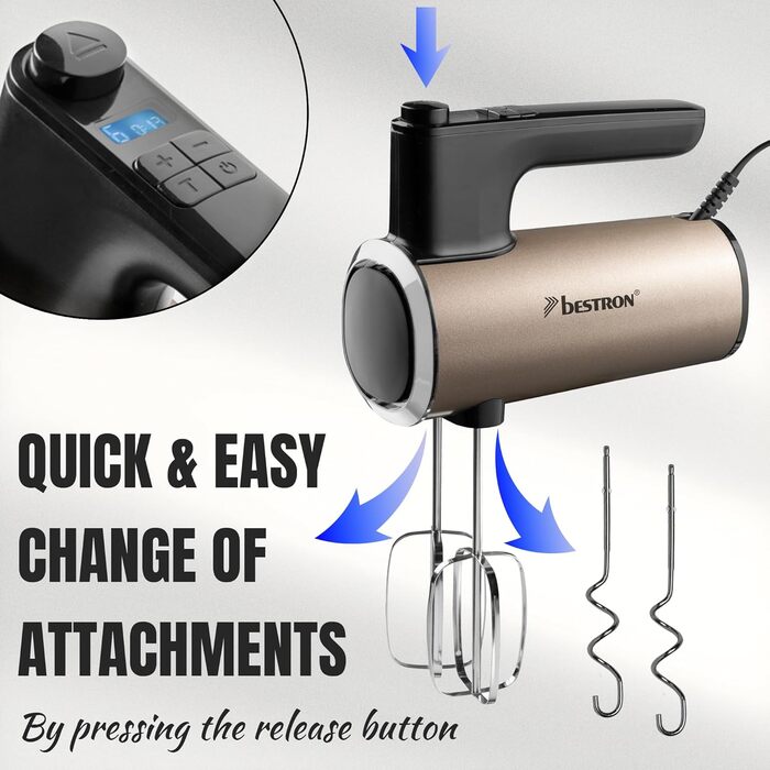 Міксер ручний Bestron Power з 6 швидкостями, Turbo-функцією та LCD-дисплеєм. В комплекті: 2 вінчики та 2 гаки для тіста. Легкий (1 кг), колір: бежевий
