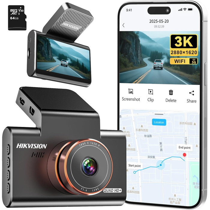 Відеореєстратор Hikvision C6 Pro 3K з GPS, IPS-дисплеєм 3 дюйми, Нічне бачення, WiFi, G-сенсор, Park Mode, підтримка SD до 256GB