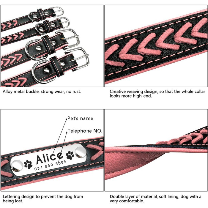 Шкіряний нашийник для собак та котів Berry з регулюванням та іменником, Rosa (L: 37-47 см)