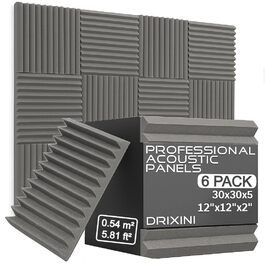 Акустичні панелі для шумоізоляції 30x30x5 см, набір 6 шт. (Сірий) — Професійні звукопоглинаючі панелі для студії, подкастів, дому та офісу з клейкою стрічкою