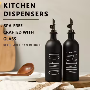 HOMCDALY Olive Oil Dispensers for Kitchen, Glass, Oil and Vinegar Dispenser Set, Olive Oil Bottles with Bamboo Tray, 473 ml, Black, 473 ml, Black