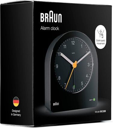 Braun Classic Analog Alarm Clock with Snooze Function and Continuous Backlight, Quiet Quartz Movement, Crescendo Alarm in Black, Model BC22B.