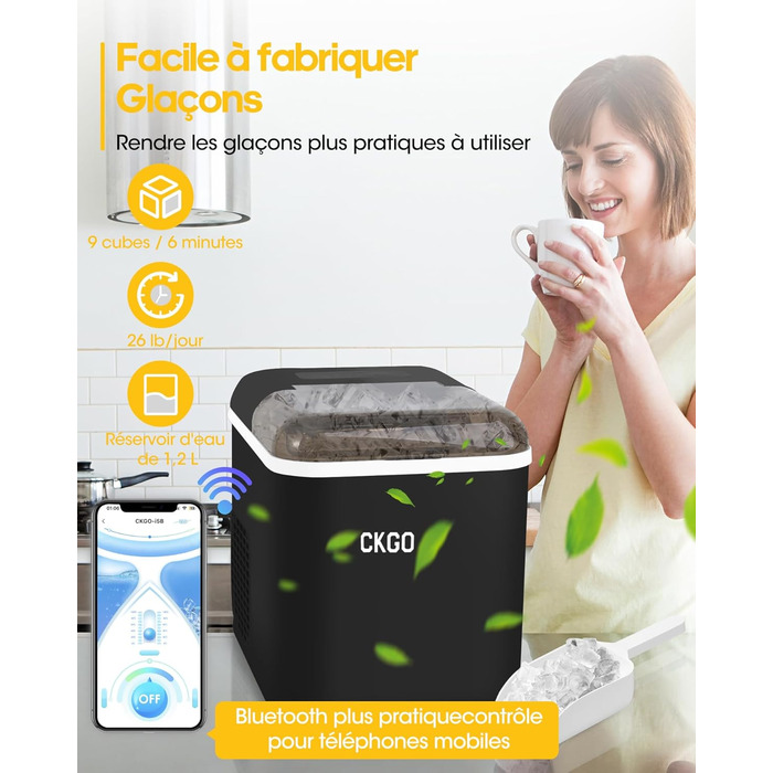 Smart Ice Maker Machine with WiFi Control - 15KG Daily Output, Fast Ice Production (6 mins/9 cubes), Self-Cleaning, 2 Sizes, for Kitchen, Office, Bar, Party, RV (Black)