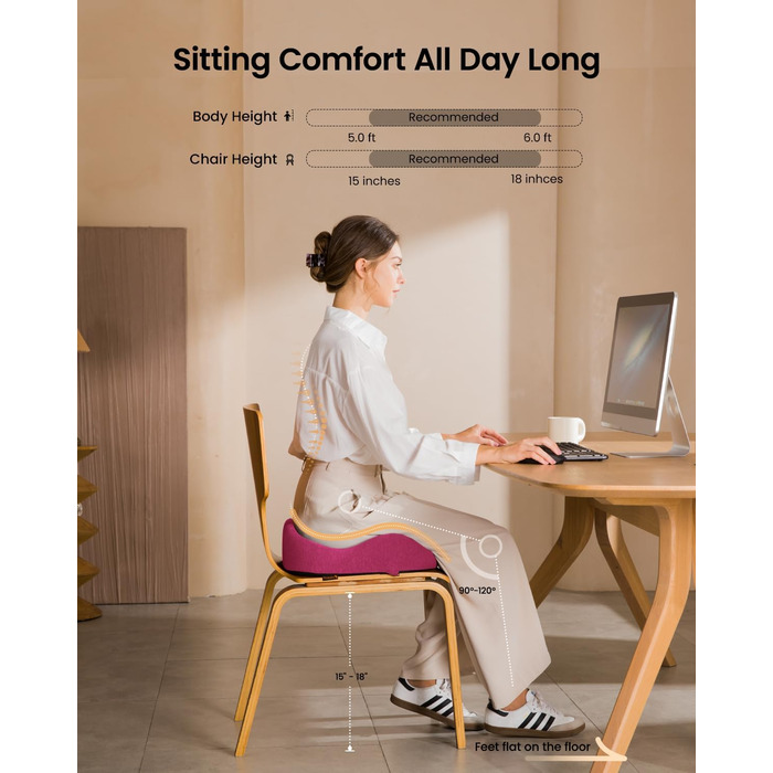 Ортопедична подушка для сидіння ProtoArc для офісного крісла: ергономічна, з піною Memory Foam, для рівномірного розподілу тиску, для комфорту протягом дня (Рожева, велика)