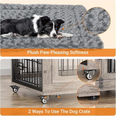 Клітка для собак Lulive, дерев'яна будка для дому, з подвійними дверима, 96,5 см, міцна переноска з подушкою та колесами, декоративний столик, дім для тварин, купик для великих/середніх собак, сірий, 98 x 64 x 68 см