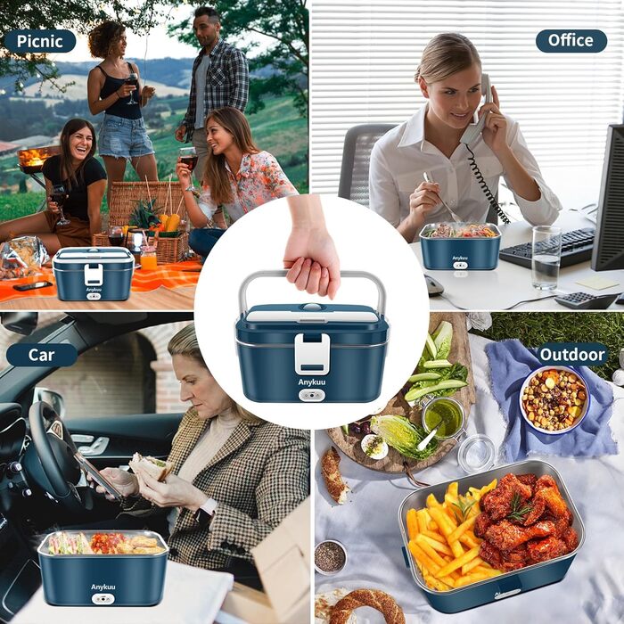Електрична ланчбокс 1,8л 100W 3-в-1 з підігрівом 12V/24V/220V для авто/офісу/дому (з виделкою та ложкою, блакитна)