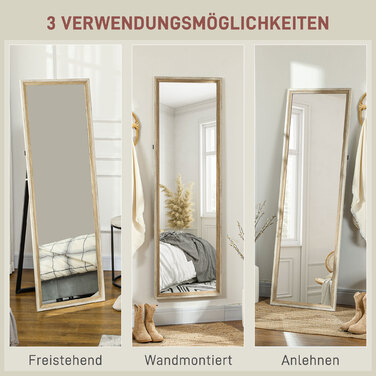 HOMCOM Full Length Mirror, 162.6 x 53.5 cm Standing Mirror with Stand, Wall Mirror for Living Room, Bedroom, Dressing Room White + Natural Wood | Aosom