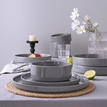 Набір посуду Nebula для 4 осіб (12 предметів): тарілки та миски, керамічний набір, тарілки для сервірування столу, безпечний у мікрохвильовці та посудомийній машині, темно-сірий колір