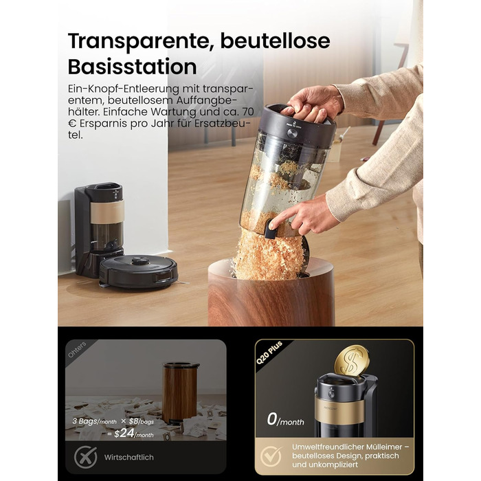 Робот-пилосос Proscenic Q20Plus з функцією миття, 10000Pa, 200хв, бездротовий, з автоматичним випорожненням, 3-в-1 для шерсті тварин, килимів та твердих поверхонь, чорний