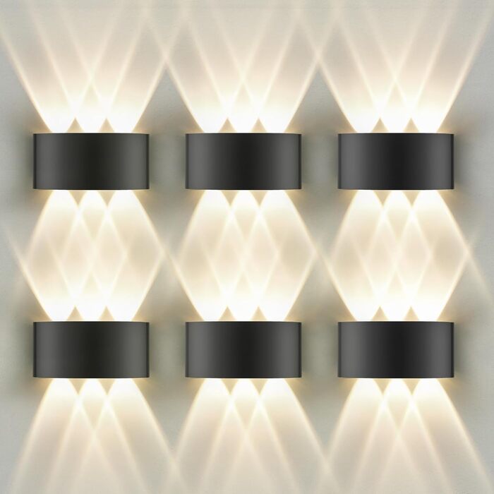 LED-стінні світильники Oraymin (2 шт.) IP65, 6W, 6 джерел світла, 3000K, для дому та вулиці (чорний)