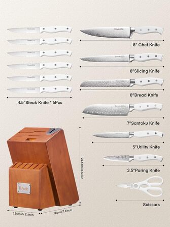 D.Perlla 14-Piece Self-Sharpening Knife Block Set - Professional Stainless Steel Kitchen Knife Set with Plastic Handle & Wooden Block (Brown)