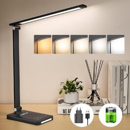 TOPPLEE LED Desk Lamp - Dimmable Table Lamp with Rechargeable Battery, 5 Colors & 10 Brightness Levels, USB Charging Port, Office Lamp for Kids & Home, Black