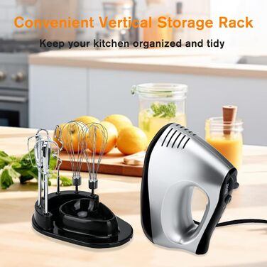 Електричний міксер Lychee з анти-розбризкуванням, 5 швидкостей (Turbo), база для зберігання, 6 насадок з нержавіючої сталі, 300W