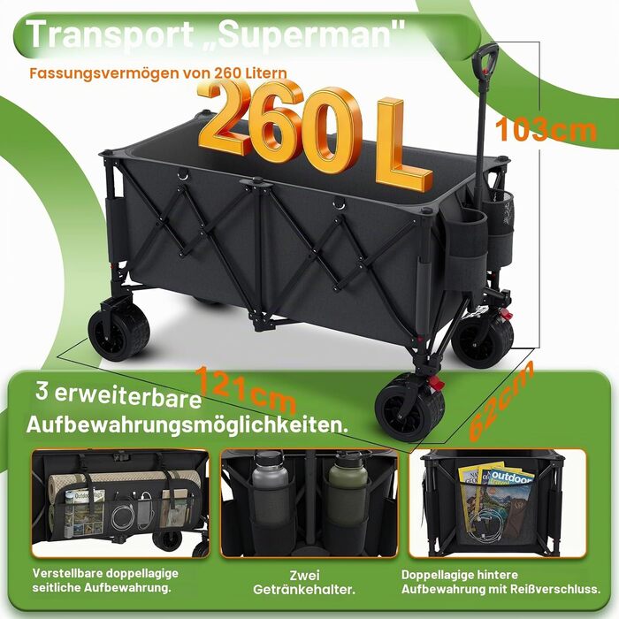 Візок-тележка Devoko 260L складний, вантажопідйомність 200 кг, з гальмом, регульованою ручкою, 3 відділення для зберігання, чорний – для пляжу, кемпінгу, покупок