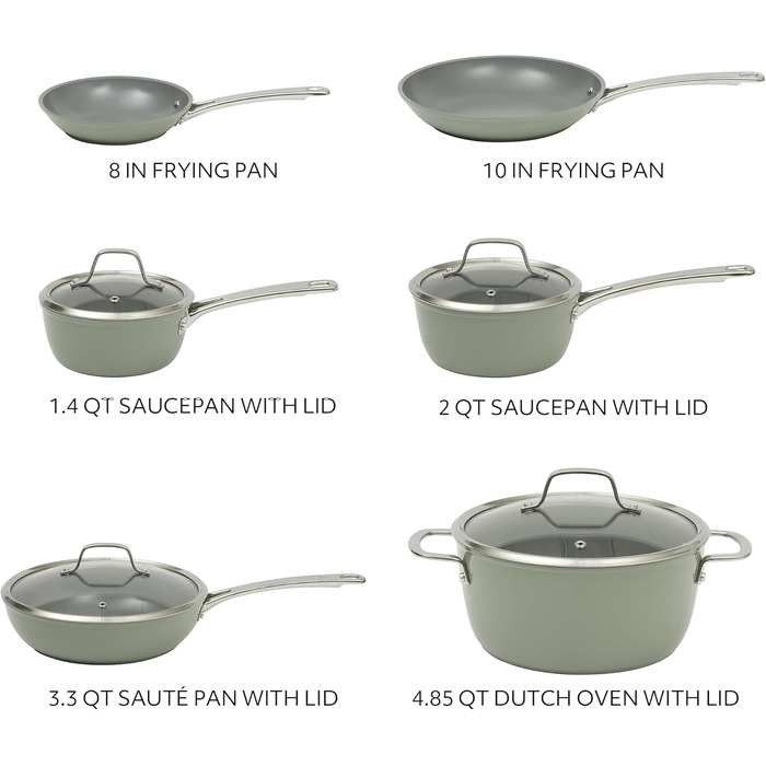 Набір кухонного посуду Sur La Table Kitchen Essentials, 13 предметів, керамічне покриття, антипригарне, для індукційних плит, знімний ручка, зелений