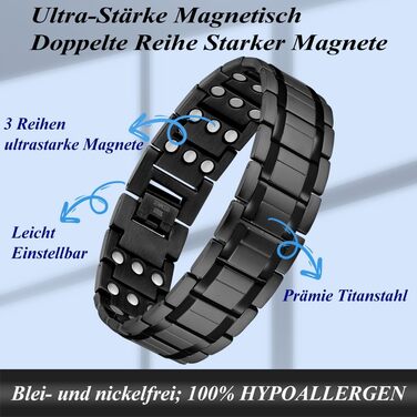 Браслет для лімфодренажу чоловічий з магнітами, титан, регульований, з інструментом для зняття та подарунковою коробкою (Чорний) (3 ряди)