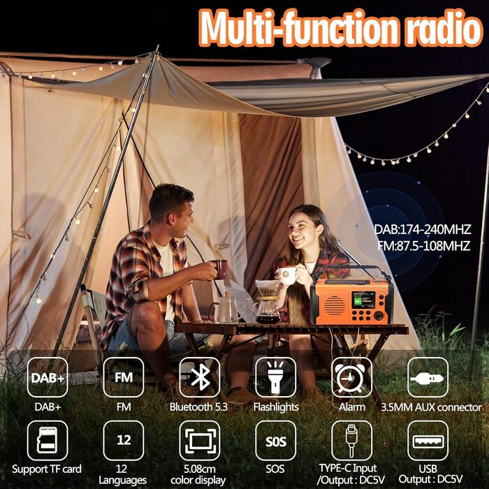 Радіо Kurbelradio з сонячною панеллю та живленням від ручки, 20000mAh, DAB/DAB+/FM, Bluetooth 5.3, Powerbank, SOS, ліхтарик, компас, AUX, TF картка, LED-лампа, помаранчеве