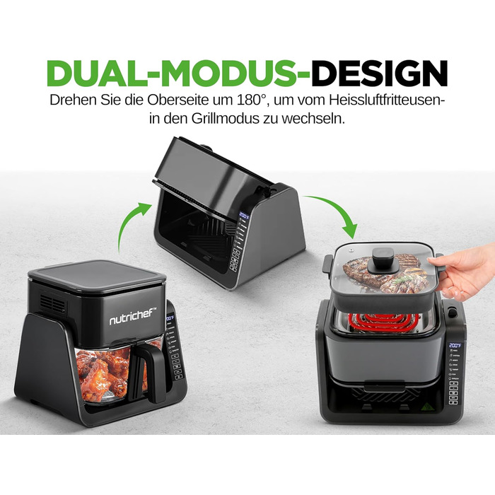 Фритюрниця NutriChef з гарячим повітрям, XXL 8л, подвійна камера, вікно огляду, max 360°C, 9 програм, антипригарне покриття, можна мити в посудомийній машині, безжирова фритюрниця, гриль, випічка, 1700W (4л - чорний)