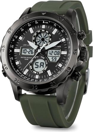 Годинники PINDOWS для чоловіків: водонепроникні спортивні годинники (аналогові/цифрові), багатофункціональні, з LED-підсвічуванням, будильником, секундоміром (зелено-чорні)