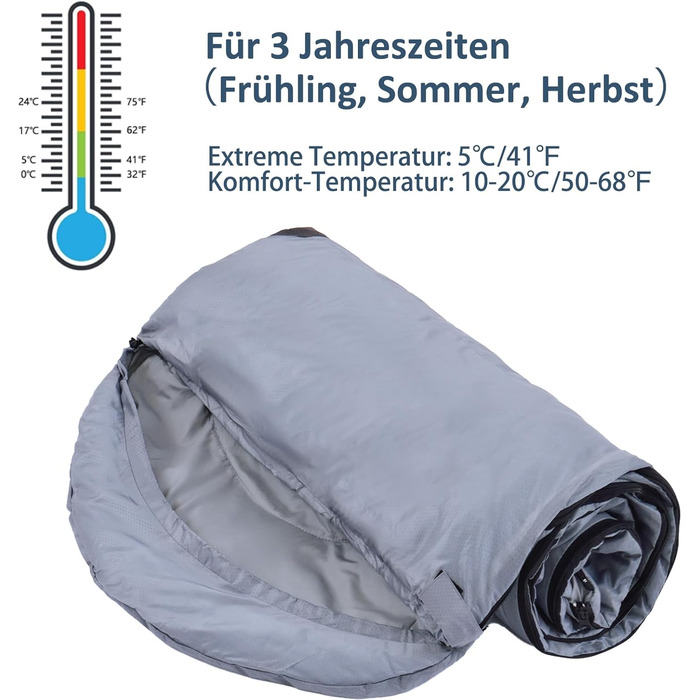 Дитячі спальні мішки для кемпінгу та подорожей - компактні, легкі, водонепроникні, 3-сезонні, з сумкою для перенесення, для хлопчиків та дівчаток (Сірий)