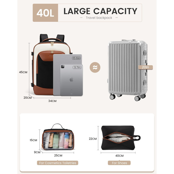 Чоловічий/Жіночий рюкзак OVEVOOK для ручної поклажі, 40 л, валіза-рюкзак для подорожей, з відділенням для ноутбука, водонепроникний, для ділових поїздок та вихідних (L, чорно-бежево-коричневий)