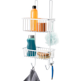Bremermann shower caddy for hanging over the shower wall, bathroom shelf with 2 baskets and hooks for washcloths, razors, and towels - high-quality & soft PE coating, made of metal in white