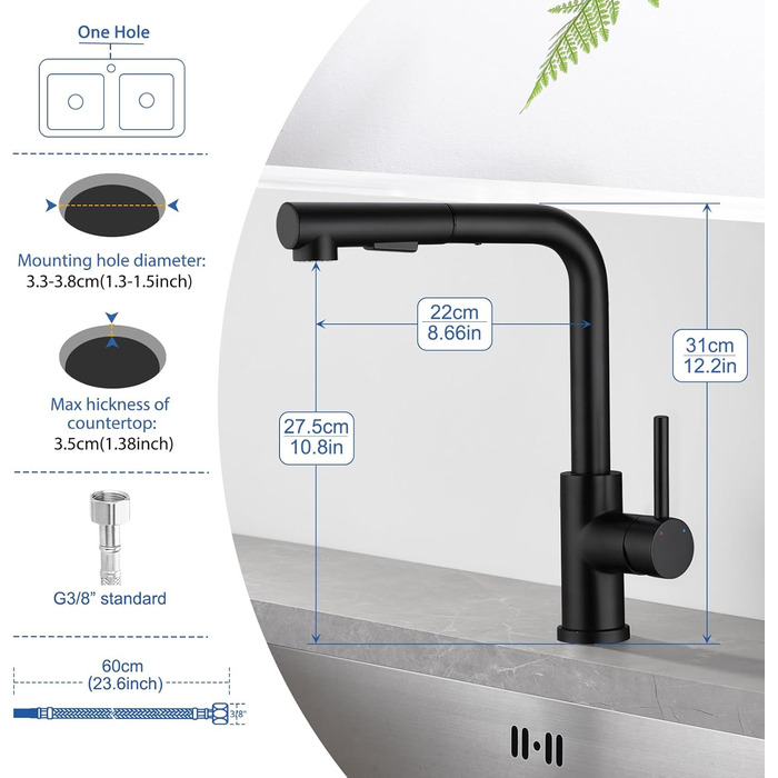 Висувна кухонна змішувач з душем, 360° поворот, кухонна арматура з двома режимами струменя, з нержавіючої сталі, чорний, з висувною насадкою