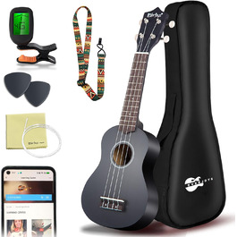 Укулеле Everjoys Sopran для дорослих 21 дюйм, стартовий набір з чохлом, тюнером, зошитом пісень, струнами та медіатором, маленька гавайська гітара, чорний колір