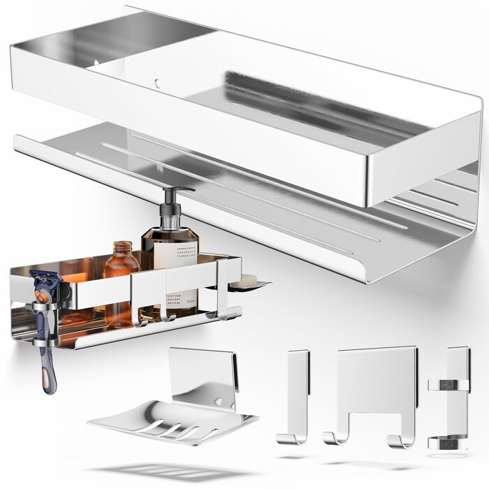 Набір для зберігання в душі Henal 5 в 1: полиця, тримач для бритви, скребок для скла, мильниця, гачок. Без свердління, з нержавіючої сталі, XXL органайзер для ванної кімнати
