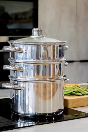 Набір з 3 каструль KitchenCraft з пароваркою, 3-рівневий, з нержавіючої сталі, для індукції, 22 см, сріблястий, у подарунковій коробці