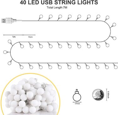 Ланцюжок прикрас з LED-кулями, 23м, 200 LED, для внутрішнього та зовнішнього використання, 8 режимів, функція пам'яті, з вилкою, ідеально для Різдва, весілля, вечірки (тепле біле світло)