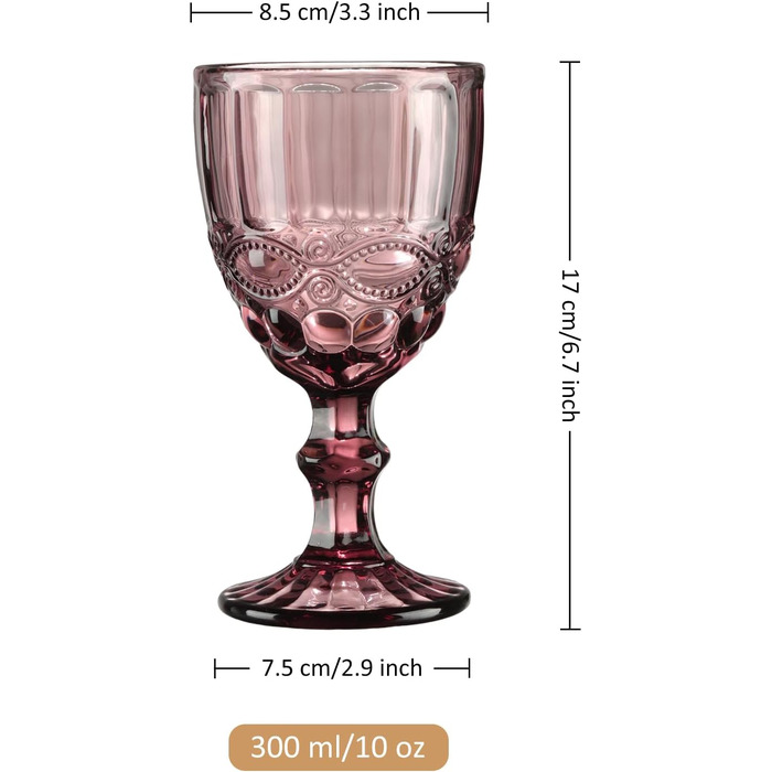 Joeyan Lila Vintage Wine Glasses with Embossed Design, Colored Relief Red Wine Glasses White Wine Glasses, Drinking Glasses, Goblet Glasses, Wine Goblet for Wine Juice Drinks, 300 ml, Set of 4, Dishwasher Safe