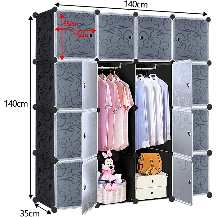 NAIZY Wardrobe Black DIY Plastic Shelf System Closet Organizer, Plug-in Shelf System with Door, Plastic Closet (16 Cubes, with 2 Clothes Rods)