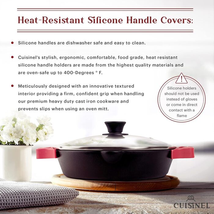 Набір сковорідок Cuisinel з чавуну (15.2, 20.3, 25.4, 30.5 см) + скляна кришка, силіконові ручки
