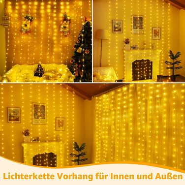 Льодосвітна штора Ollny для декорування фасаду 3x3м, 300 LED, 8 режимів, IP67, пульт, таймер, димування, для декору на Різдво, двері, стіни, вечірки, вікна, балкон (тепле біле світло)