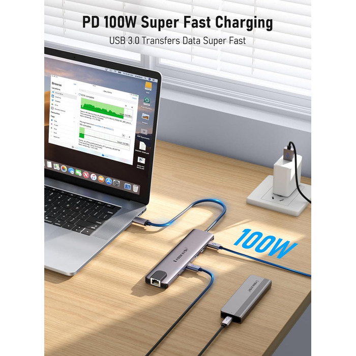 Док-станція USB-C з хабом: 2 HDMI, Gigabit Ethernet, 4 USB A, USB C 3.0, PD 100W, SD/TF, 1000Mbps RJ45, адаптер для Macbook, Lenovo, HP, Dell, Surface. Підтримка 2 моніторів