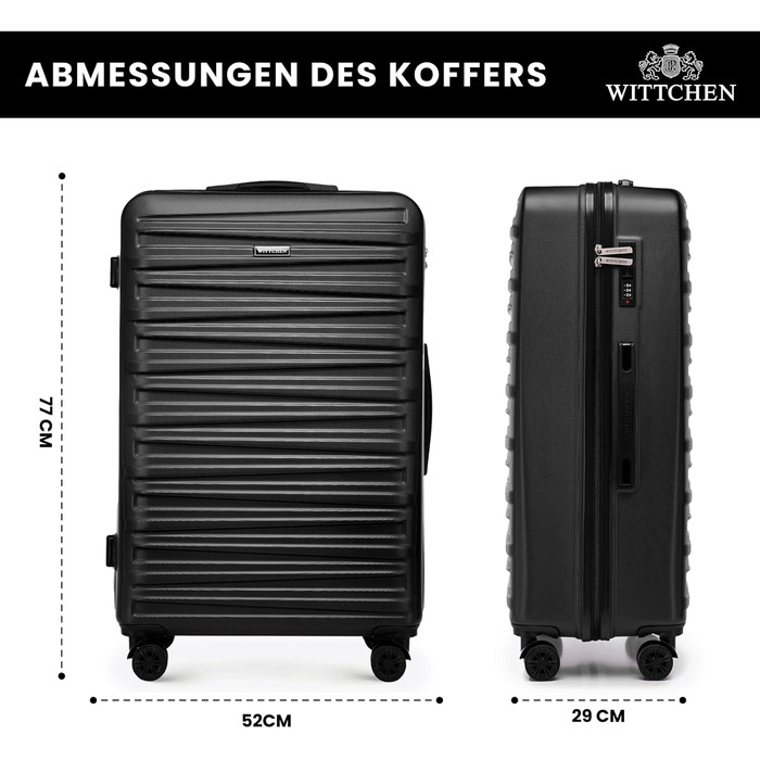 WITTCHEN Skyspeed Line - великий валіза з жорстким корпусом ABS, 4 колеса, телескопічна ручка, комбінаційний замок, чорний. Підходить для авіакомпаній Lufthansa, Eurowings, Ryanair, Condor