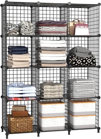 AWTATOS Regal 12 Regal Wire Cube Stackable Shelf Cube DIY Metal Grid Shelf Cube Bookshelf Cube Shelf With Doors For Living Room, Bedroom, Bathroom Black USCIH12BE
